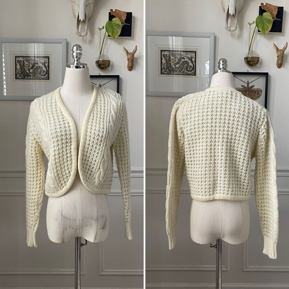 Vintage 80s Exclusive Imports Cropped Cardigan Sweater Fisherman Knit Ivory S M